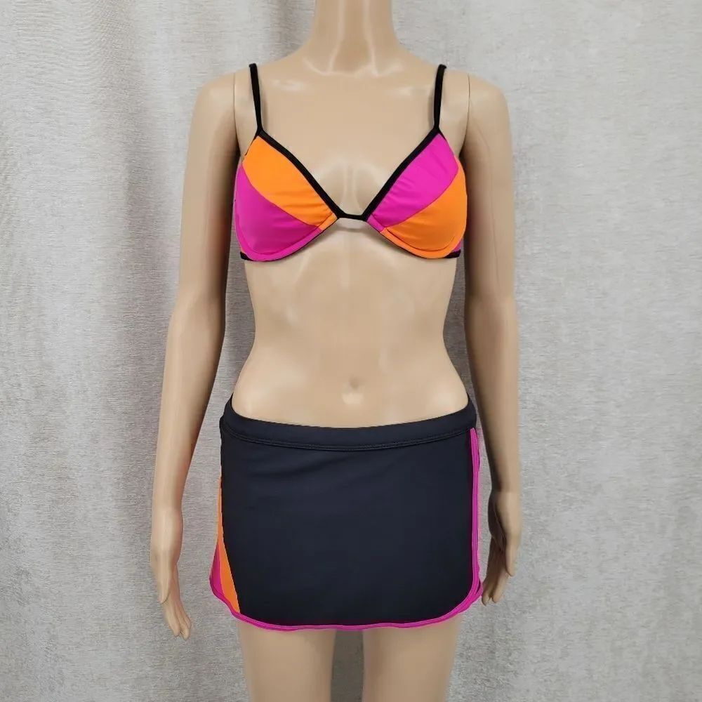 VM Sport Vintage 90s Vibrant Pink and Orange Women's Swimsuit Set Bikini Skort